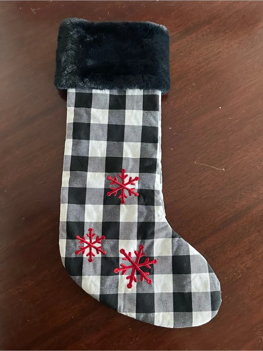 Wendy Bellissimo Holiday Christmas Stocking Red Snowflakes Black White checkered